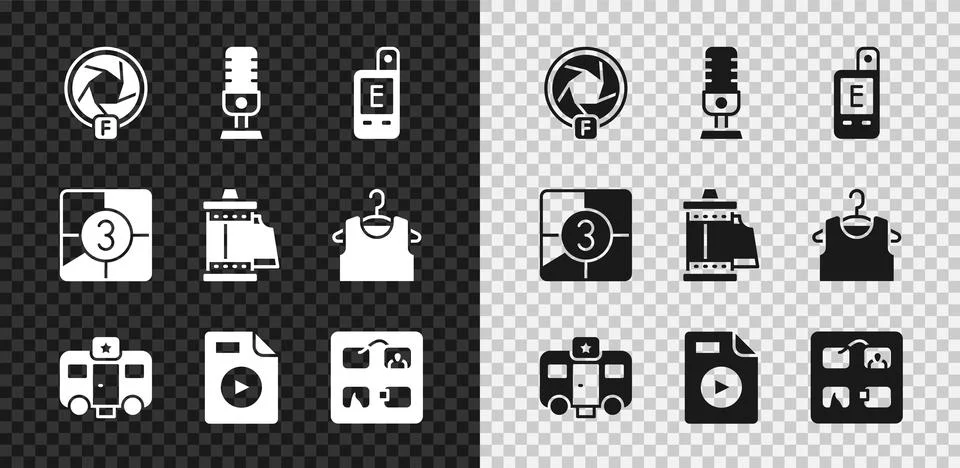 Set Camera shutter, Microphone, Light meter, Actor trailer, AVI file document Stock Illustration