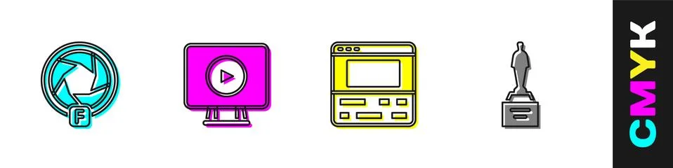 Set Camera shutter, Online play video, Video recorder on laptop and Movie tro Illustrazione stock