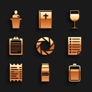 Set Camera shutter, Paper package for milk, Battery, Document, financial ch.. Иллюстрация