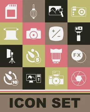 Set Camera shutter, Photo camera fx, Action, retouching, Empty photo studio, SD Stock Illustration