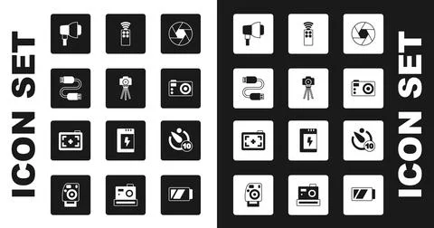 Set Camera shutter, Photo camera, USB cable cord, Softbox light, Remote control Stock Illustration