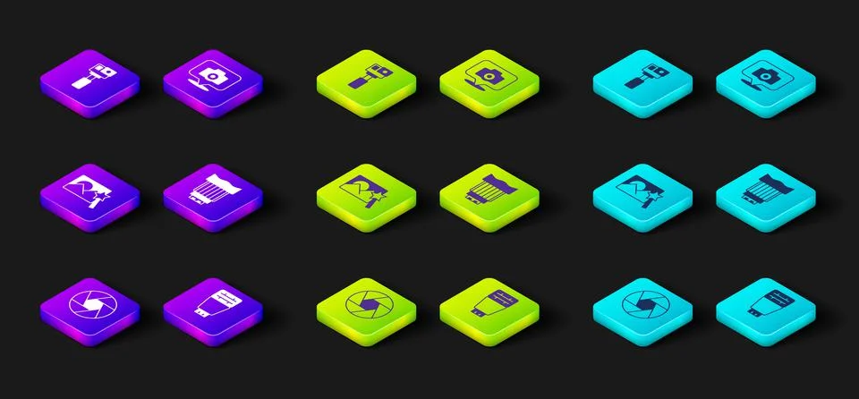 Set Camera shutter, Photo camera flash, retouching, photo lens, and Action icon Illustrazione stock