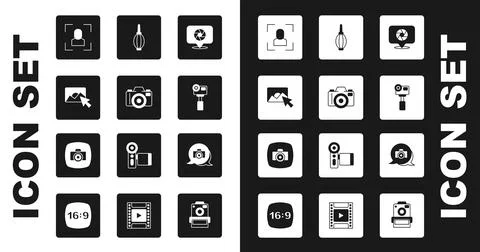 Set Camera shutter, Photo camera, retouching, focus frame line, Action extrem Stock Illustration