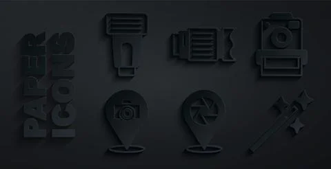 Set Camera shutter, Photo camera, retouching, photo lens and flash icon. Vector Illustrazione stock