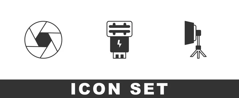 Set Camera shutter, Photo camera flash and Softbox light icon. Vector Illustrazione stock