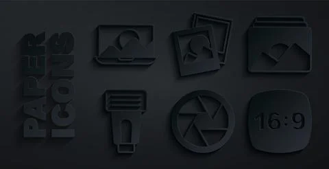 Set Camera shutter, Photo frame, camera flash, 16, and retouching icon. Vector 스톡 일러스트