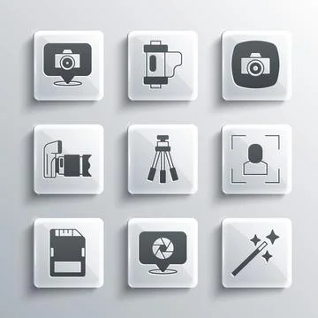 Set Camera shutter, Photo retouching, focus frame line, Tripod, SD card, camera Stock Illustration