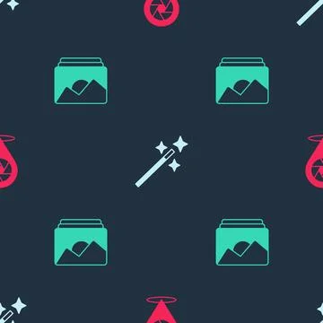Set Camera shutter, Photo retouching and frame on seamless pattern. Vector Illustrazione stock