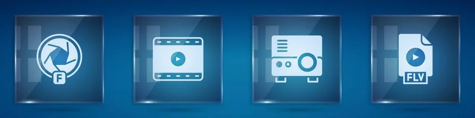 Set Camera shutter, Play Video, Media projector and FLV file document. Square Stock Illustration