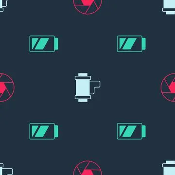 Set Camera shutter, roll cartridge and Battery for camera on seamless pattern Stock Illustration