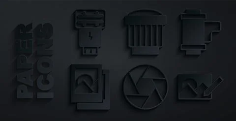 Set Camera shutter, roll cartridge, Photo frame, retouching, photo lens and Illustrazione stock