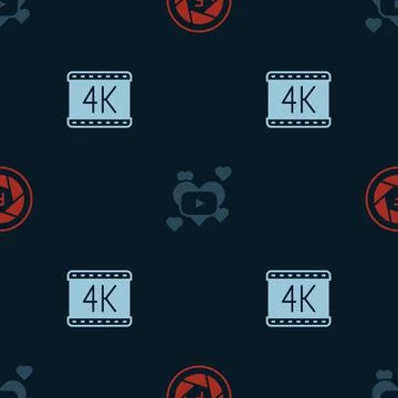 Set Camera shutter, Romantic movie and 4k on seamless pattern. Vector Stock Illustration