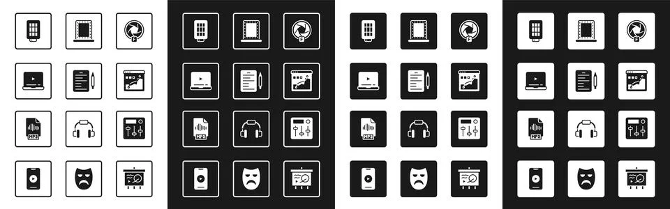 Set Camera shutter, Scenario, Online play video, Softbox light, Histogram graph Illustrazione stock