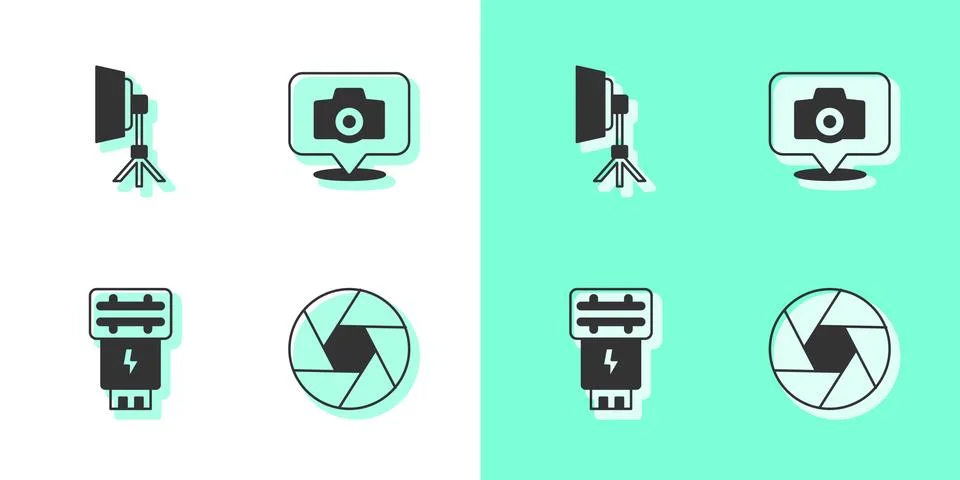 Set Camera shutter, Softbox light, Photo camera flash and icon. Vector 스톡 일러스트