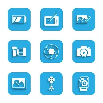 Set Camera shutter, Softbox light, Photo camera, frame, retouching and Battery Stock Illustration