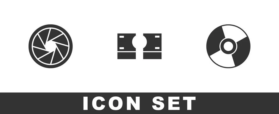 Set Camera shutter, Stacks paper money cash and CD or DVD disk icon. Vector Illustrazione stock
