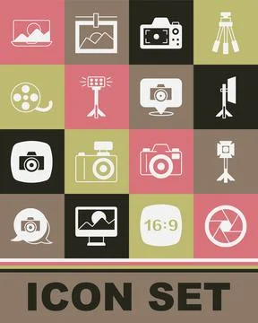 Set Camera shutter, Studio light bulb in softbox, Photo camera, Film reel, .. Stock Illustration