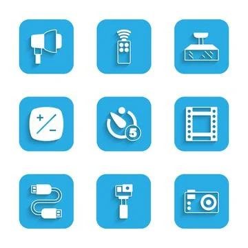 Set Camera timer, Action camera, Photo, roll cartridge, USB cable cord, Exposure 库存插图