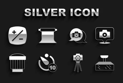 Set Camera timer, Photo camera, Softbox light, photo lens, Exposure compensation Stock Illustration
