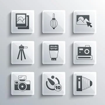 Set Camera timer, Photo camera, flash, with, Tripod, frame and retouching icon Illustrazione stock