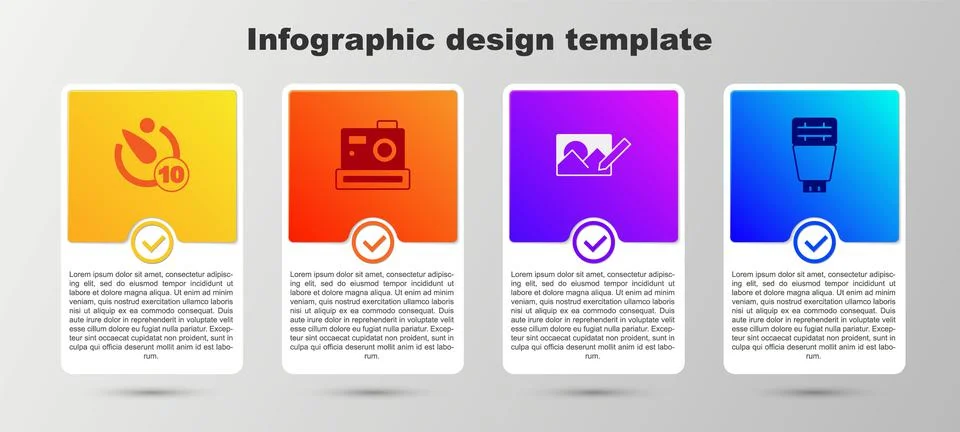 Set Camera timer, Photo camera, retouching and flash. Business infographic Stock Illustration