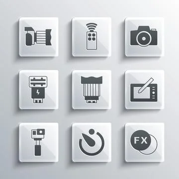 Set Camera timer, Photo camera fx, Graphic tablet, photo lens, Action, flas.. Illustrazione stock