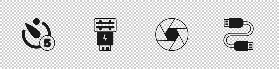 Set Camera timer, Photo camera flash, shutter and USB cable cord icon. Vector Illustrazione stock