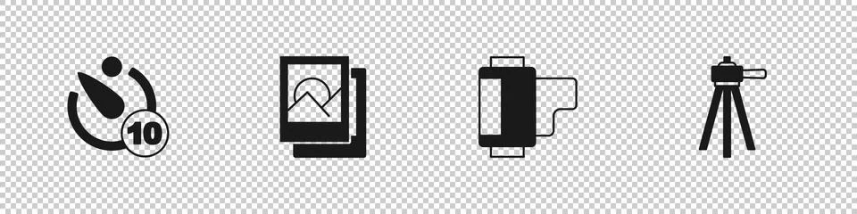 Set Camera timer, Photo frame, roll cartridge and Tripod icon. Vector Stock Illustration