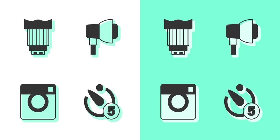 Set Camera timer, photo lens, Photo camera and Softbox light icon. Vector イラスト素材