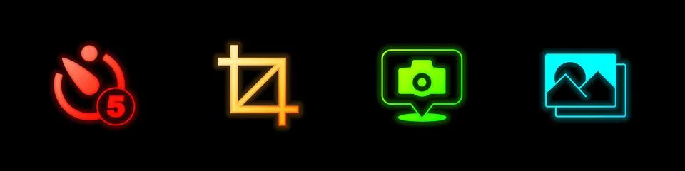 Set Camera timer, Picture crop photo, Photo camera and frame icon. Vector Stockillustratie