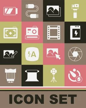 Set Camera timer, shutter, Battery for camera, Photo frame, and roll cartridge イラスト素材