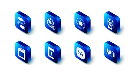 Set Camera timer, shutter, Photo camera, Battery for, Auto flash, SD card and Stock Illustration