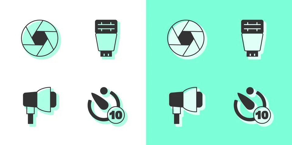 Set Camera timer, shutter, Softbox light and Photo camera flash icon. Vector Illustrazione stock