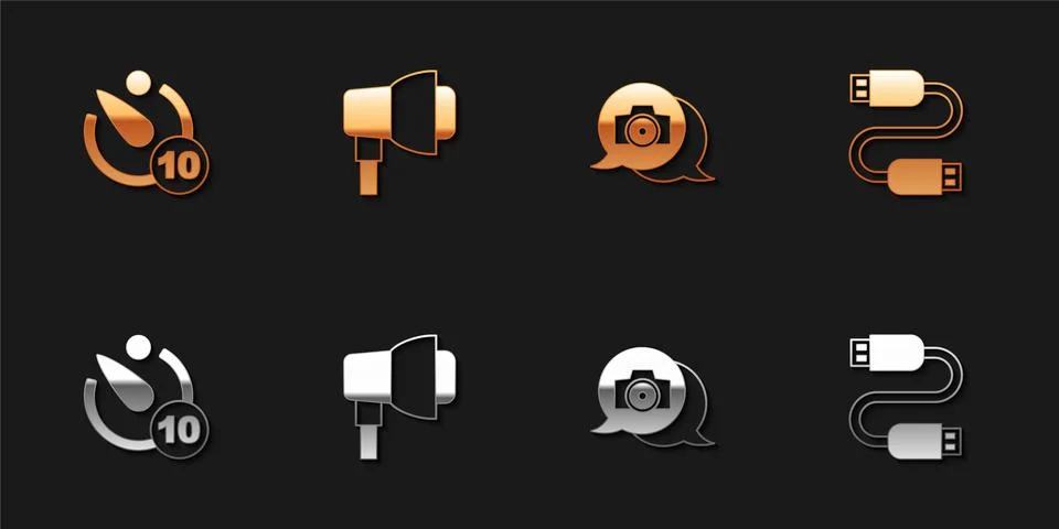 Set Camera timer, Softbox light, Photo camera and USB cable cord icon. Vector Stock Illustration