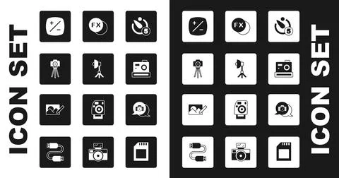 Set Camera timer, Softbox light, Photo camera, Exposure compensation, fx, and Illustrazione stock