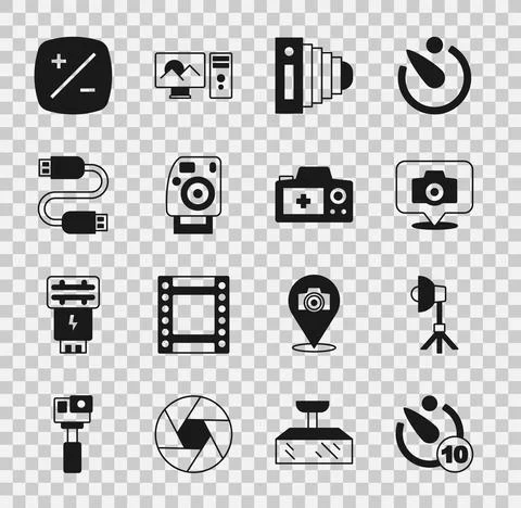 Set Camera timer, Softbox light, Photo camera, USB cable cord, Exposure Stock Illustration