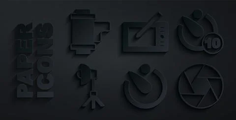 Set Camera timer, Softbox light, shutter, Graphic tablet and roll cartridge icon Stock Illustration