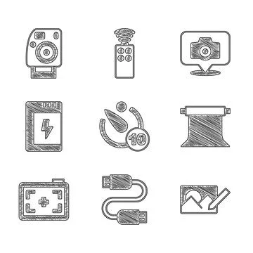 Set Camera timer, USB cable cord, Photo retouching, Empty photo studio, cam.. Stock Illustration