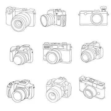 Set of cameras - lineart Stock Illustration