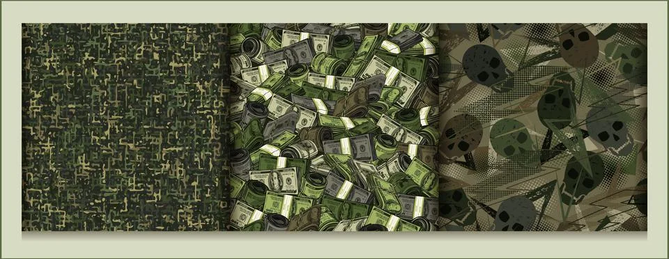 Set of camouflage patterns with skulls, small abstract shapes, dollar bills Stock Illustration