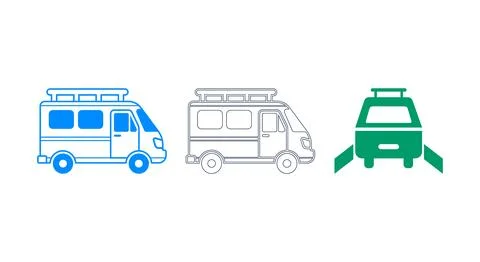 Set of camper van and caravan icons with recreational vehicle, line art Stock-Illustration