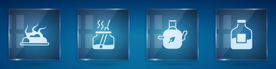 Set Campfire, Aroma diffuser, Teapot with leaf and Bottle of vodka. Square glass Illustrazione stock