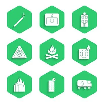 Set Campfire, Fire in burning building, Water delivery truck, Electric wiring of Stock Illustration