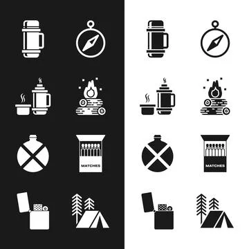 Set Campfire, Thermos container, Compass, Canteen water bottle, Open matchbox Stock Illustration