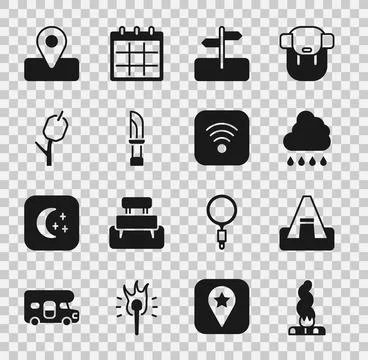 Set Campfire, Tourist tent, Cloud with rain, Road traffic sign, Knife Stock Illustration
