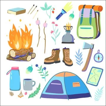 Set of camping and hiking elements. Summer tourism items for trekking and p.. 스톡 사진