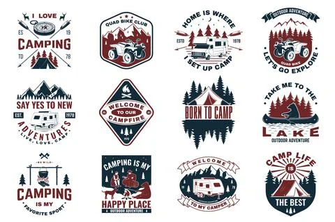 Set of camping badges with design element. Vector. Concept for shirt or logo Stock Illustration