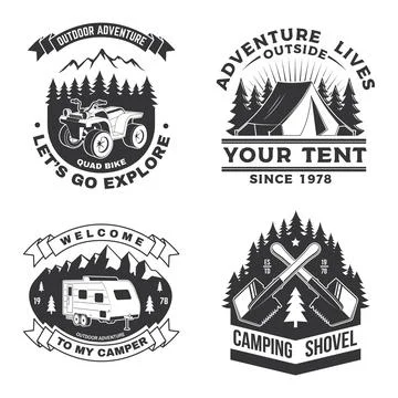 Set of camping badges, patches. Vector illustration. Concept for shirt or logo Stock Illustration