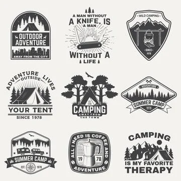 Set of camping badges, patches. Vector. Concept for shirt or logo, print, stamp Stock Illustration