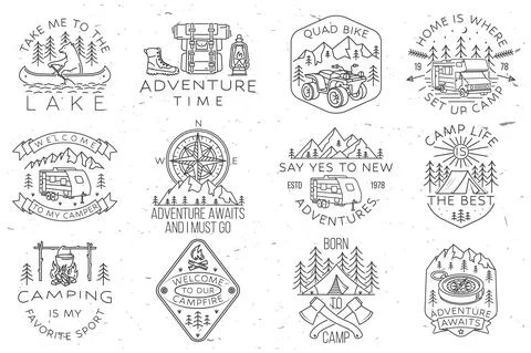 Set of camping badges, patches. Vector illustration. Concept for shirt or logo Stock Illustration